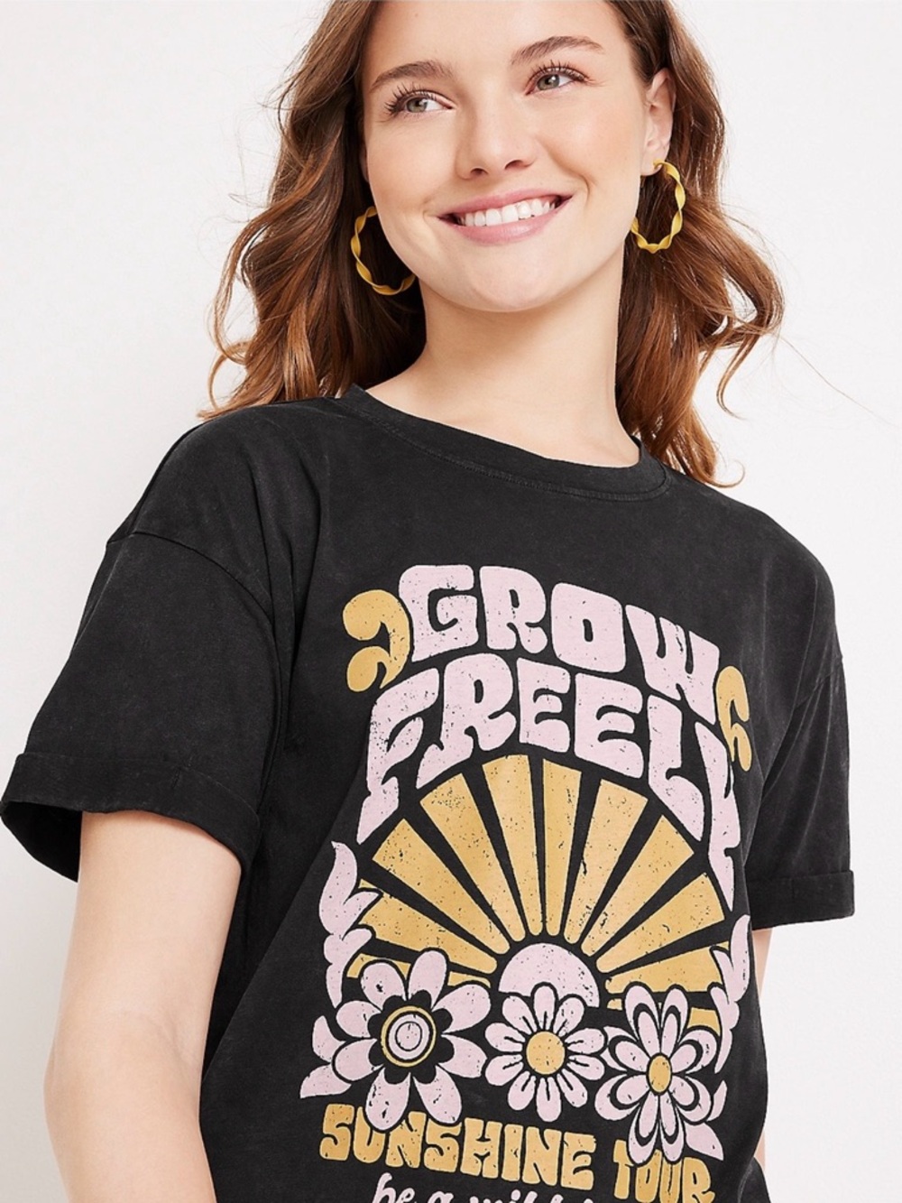 Maurices Black Tee with Pink & Yellow Retro Floral Graphic